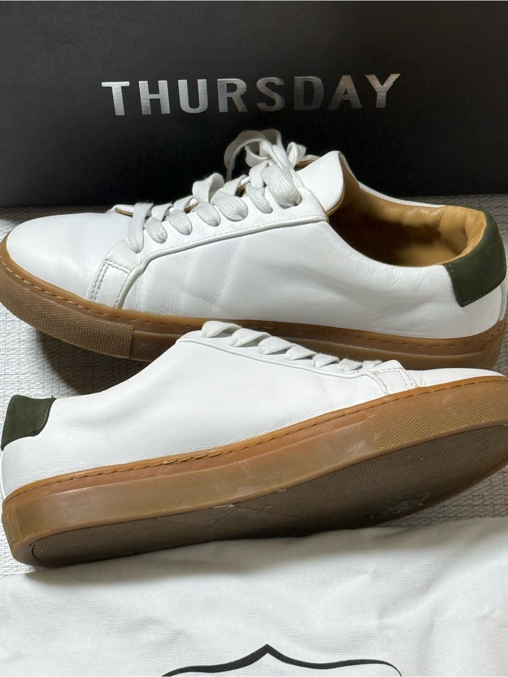 Thursday Boot Company Women’s White Sneakers with Gum Sole and Olive Heel - Picture 2 of 7